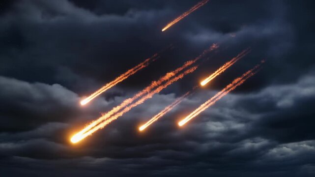 Meteorites burning in dark cloudy sky.