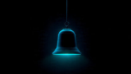 Obraz premium Glowing blue notification bell hanging in dark space, symbolizing alerts and new messages