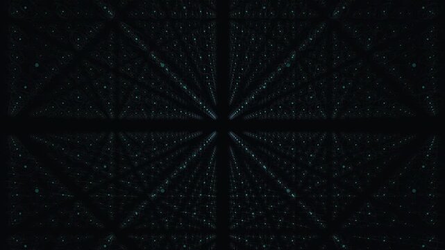 Microscopic charcoal quantum bits align in a 3D grid to release a cyan decryption beam. Simulates cryptographic solving. Ideal for cybersecurity explainer videos and fintech pitch decks.