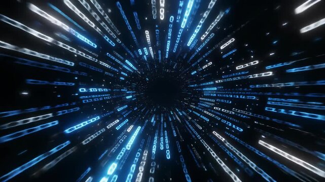 Neon Light Tunnel Rushing Through Digital Space.