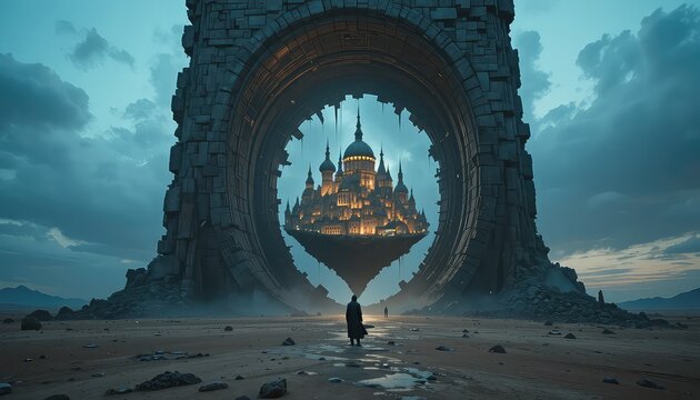 A colossal broken clock tower standing in a desert