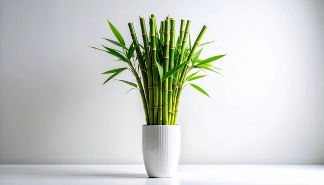 Lush Green Bamboo Stalks Growing in a White Ceramic Pot on a White Surface