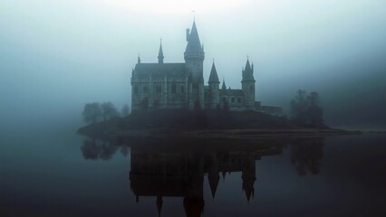 Fototapeta premium Misty ethereal castle on an island in calm water, mysterious and serene landscape