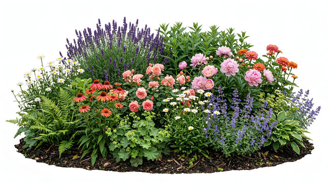 Colorful Garden Flower Bed Arrangement Isolated on White