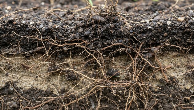 A close-up view of soil with visible roots and dirt layers