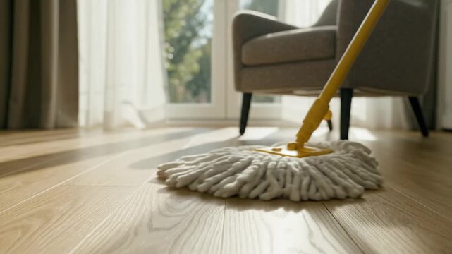 Close-up of a white microfiber spin mop head with a yellow pole resting on a clean light wooden floor in a sunlit living room featuring a gray armchair and sheer curtains.