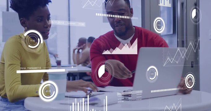 Man gesturing with pen at laptop and woman typing, reviewing business HUD charts confirming details