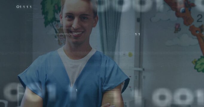 Male doc relaxing in peds clinic, camera shifting and moving overlays revealing smile calming kids