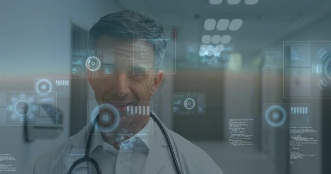 Writing white-coat doctor pausing, reading AR data rising in medical corridor, with blue clipboard