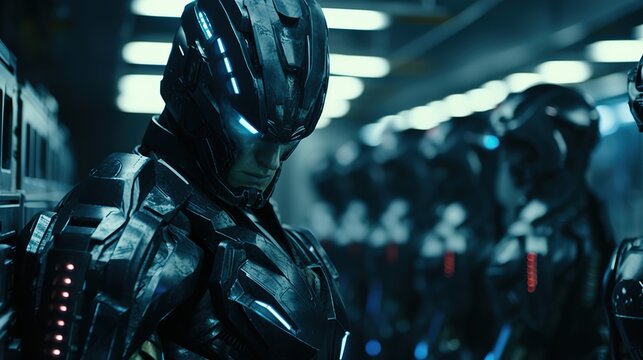 Dark Armored Soldiers in Futuristic Military Facility