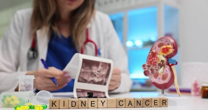 Wooden blocks spell words Kidney Cancer near kidney model and scan print. Medical expert woman studies ultrasound sheets marking oncology risk
