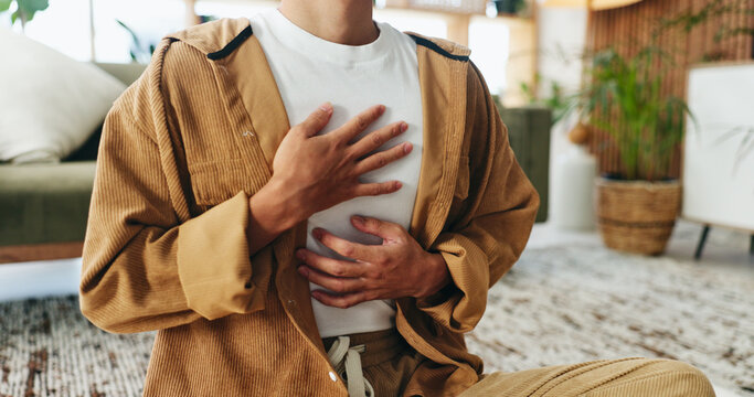 Mindfulness, home or hands with breathing routine, relaxation or body awareness practice for wellness. Meditate, inner peace or person on floor for breathwork exercise, mental health or stress relief