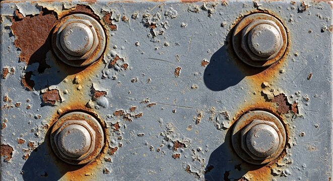 Close-up of weathered metal plate with rusty bolts.