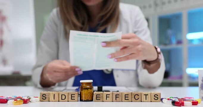 Wooden blocks spell words Side Effects near capsules and amber vial. Doctor woman reads medication leaflet noting reactions for patient care