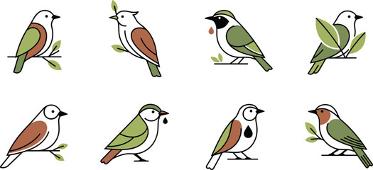 Fototapeta premium Cute small bird illustration set with colorful woodland birds perched on branches in simple flat cartoon style isolated on white background