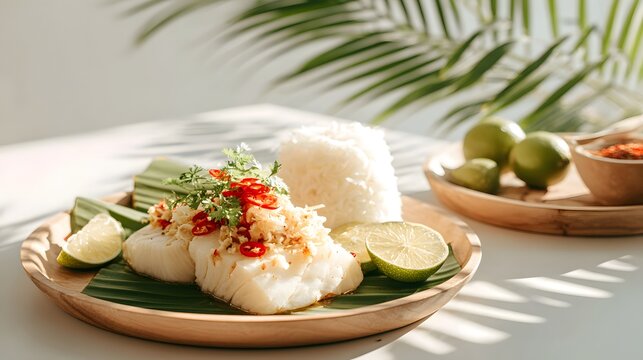 Steamed fish in chili lime sauce with coconut pudding, garnished with refreshing herbs under bright tropical lighting.
