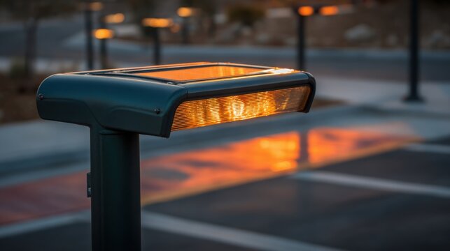 Modern dark green solar powered street lamp illuminating a parking lot with warm orange light at dusk