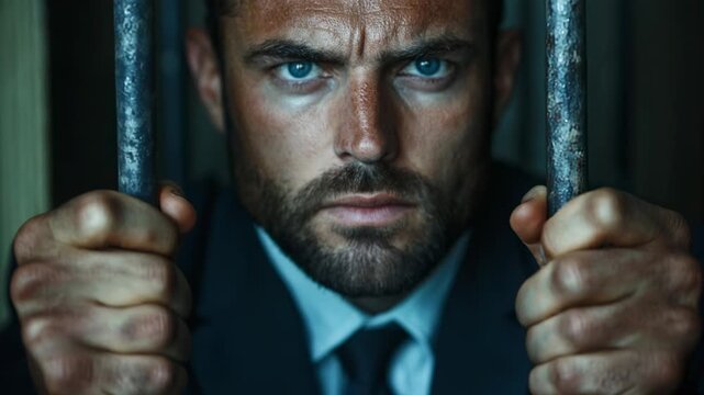 Angry businessman with intense blue eyes is gripping prison bars, staring directly at the camera