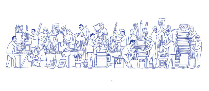 Procrastination and busy work concept. Line art illustration of people organizing pens and papers instead of working. Vector graphic isolated on transparent background
