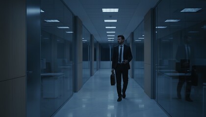 Fototapeta premium A businessman walks down a dimly lit office hallway with a briefcase in hand
