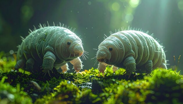 Two Tiny Tardigrades Moving on Lush Green Moss in Their Natural Habitat