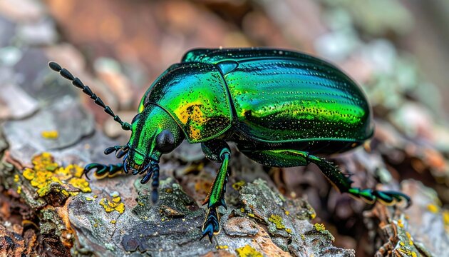 Vibrant Emerald Ash Borer Beetle With Metallic Green Carapace Resting on Textured Bark