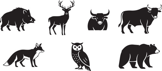 Obraz premium Wild Animal Silhouette Icon Set: Bear, Deer, Fox, Owl, Bull, and Boar