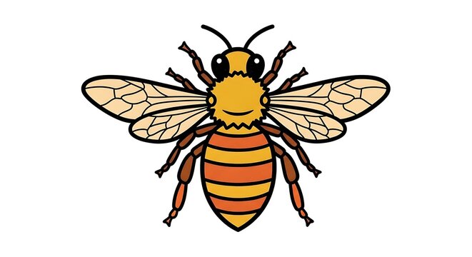 A colorful cartoon bee with yellow and orange stripes on a white background