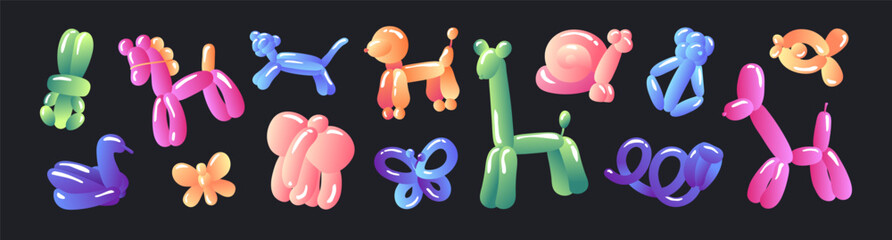 Set of gradient balloon modelling of different animals' shapes. Funny inflatable figures of butterfly, horse, swan. Cute twisting rubber forms for holiday. Flat isolated vector illustrations on white © Paper Trident