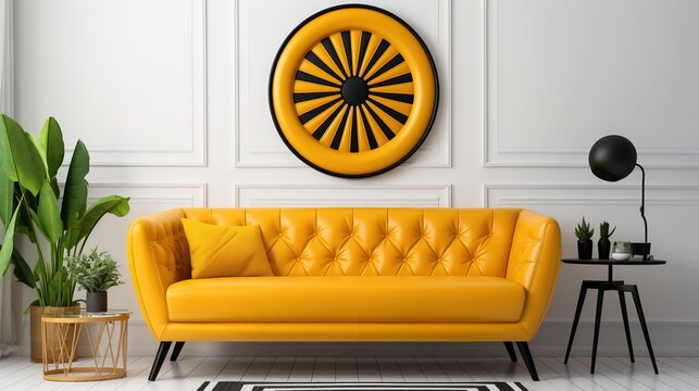 Bright Yellow Tufted Couch in Modern Living Room