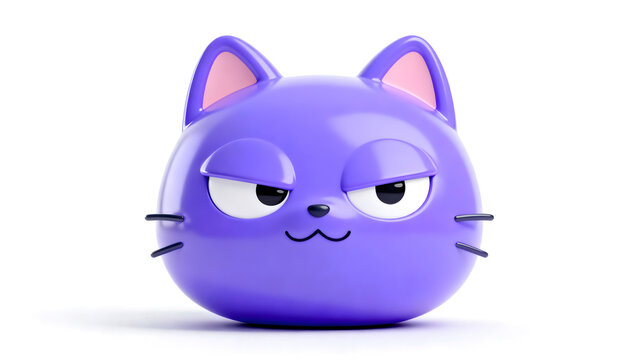 3D render of a cute purple cat head with a grumpy and cynical facial expression isolated on transparent png background