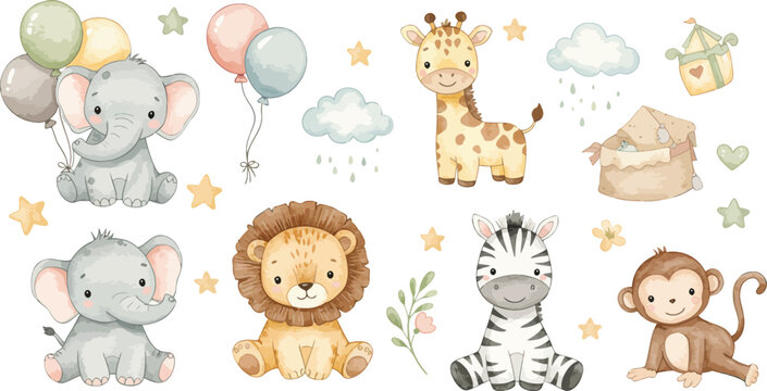 Colorful illustration of various cute jungle animals with balloons and clouds