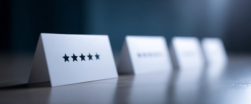 Five star rating cards on table