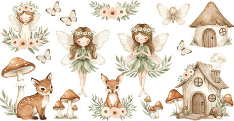 Obraz premium Whimsical illustration of forest creatures and fairy tale houses with flowers and mushrooms