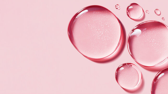 Panoramic macro photography of clear pink collagen bubbles, moisturizing serum droplets or rose water gel on pastel background