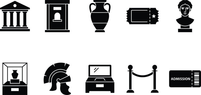 Museum and history icon set with ancient artifacts exhibition ticket sculpture and gallery elements black silhouette collection isolated background