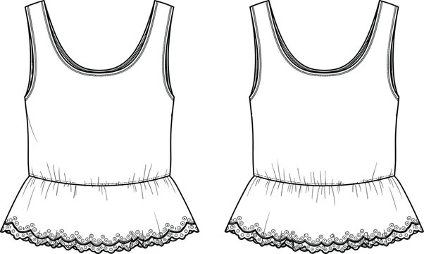 Women sleeveless top with lace hem fashion garment front and back view apparel design vector illustration isolated on white