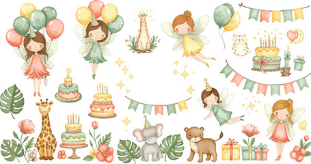 Obraz premium Whimsical watercolor birthday celebration scene with animals and children