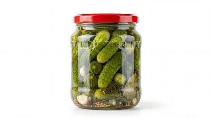 Glass jar with homemade pickled cucumbers, garlic, dill and spices isolated on white. Fermented vegetable food, traditional preservation and healthy probiotic snack concept.