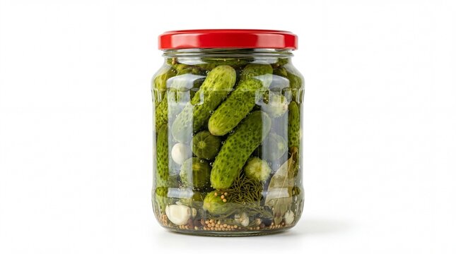 Glass jar with homemade pickled cucumbers, garlic, dill and spices isolated on white. Fermented vegetable food, traditional preservation and healthy probiotic snack concept.
