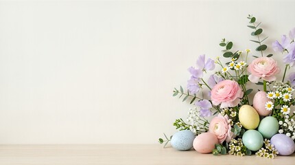 Obraz premium A serene arrangement of pastel-colored Easter eggs and spring flowers on a light background.