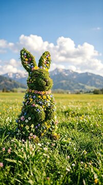 A grass and flower topiary shaped like a rabbit in a sunlit meadow with mountains.