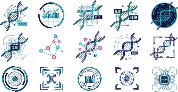Futuristic DNA technology vector icon set featuring genome analysis biotechnology data science elements in modern digital style collection