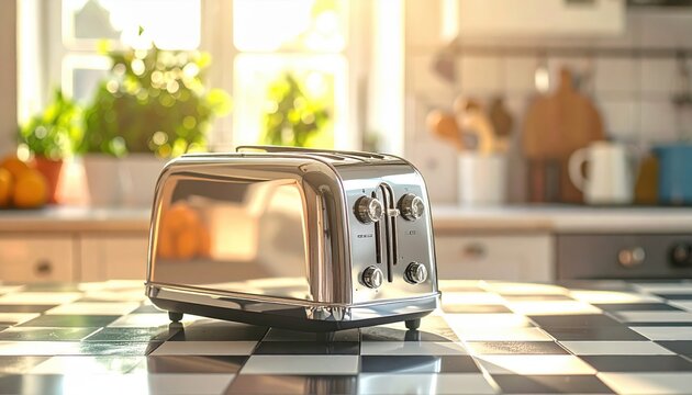 Polished chrome toaster on a checkered kitchen countertop bathed in sunlight