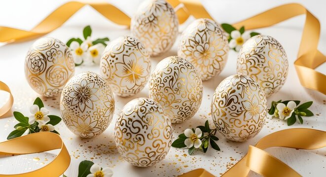 Easter eggs with gold floral patterns on a white background with flowers and ribbons