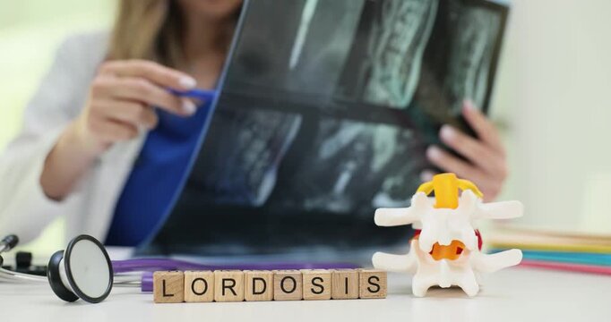 Wooden blocks spell word Lordosis near spine model and x-ray sheet. Doctor woman reviews posture curve noting rehab plan for back pain in patient