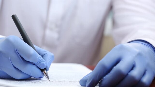 The doctor in his office writes documents with a pen in sterile gloves on his hands, filling out documents