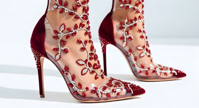 Luxury burgundy stiletto heels with ruby crystal vine embroidery, elegant transparent mesh high heel boots, couture bridal footwear for gala events
