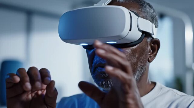 A senior man immerses himself in an extraordinary virtual reality experience, skillfully using hand gestures to navigate vibrant, digital worlds that stimulate his imagination and senses.