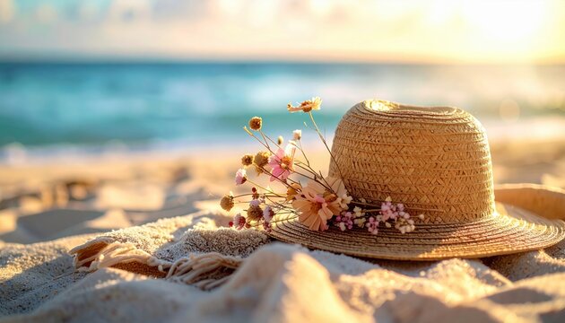 Woven straw sun hat adorned with delicate flowers resting on a sandy beach with ocean in background